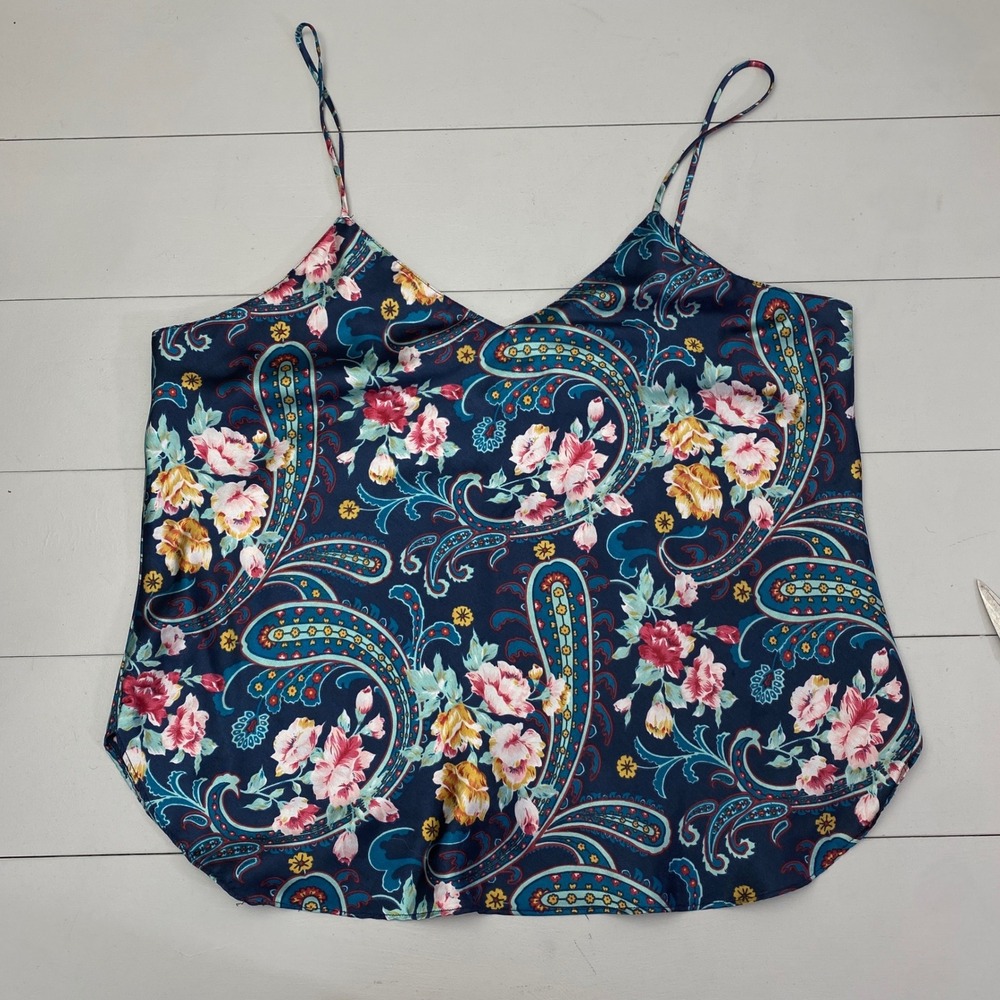 Vtg 90s Kathryn Paisley Floral Camisole Top Women Large Navy‎ Blue Satin Silky